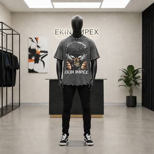 Custom Grey Oversized T-Shirt Men 3D <b>Skull</b> Print Streetwear HipHop with Metal Studs Rivets Distressed Raw Hem Heavyweight Cotton - Product Image 3