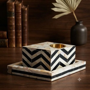 Ensemble brûleur d'encens artisanal en résine et MDF avec motif chevron incrusté de bois de santal indien, écologique, pour aromathérapie, utilisation toute saison - Product Image 1