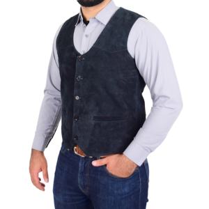 Gilet en cuir suédé bleu véritable décontracté en peau de vache pour hommes Biker Service OEM méthode de tissage non tissé gilet de moto pour hommes - Product Image 2