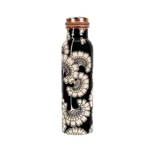 ALTAMASH CRAFT Floral Design Copper Water Bottle 1000ml <b>Portable</b> Travel Drinkware Black White Pattern Lid Included Gift - Product Image 1