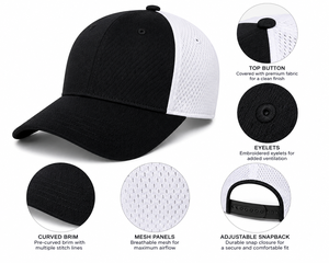 Gorra de Béisbol Unisex Negra y Blanca de Alto Rendimiento, Paneles de Malla Transpirable, Visera Curva, Gorra Deportiva con Logotipo Personalizado, Ligera, para Equipos - Product Image 6