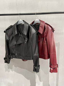 Chaqueta de Motocicleta de Cuero Genuino para Mujer, Negra, con Cuello Camisero, Manga Larga, Estilo Biker, Abrigo Cortavientos de Otoño - Product Image 1