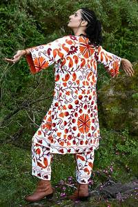 Suzani Embroidery Vibrant Orange And Rust Women's Jacket & Pant Combo With Side Pockets Azo Free Dyed Fabric Cotton Cord <b>Set</b> - Product Image 4