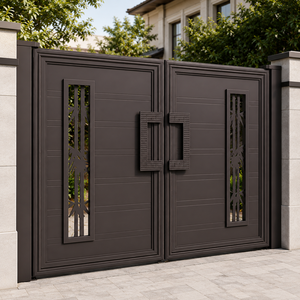 Puerta de entrada doble moderna de metal marrón oscuro con manijas geométricas, paneles decorativos recortados y diseños residenciales elegantes - Product Image 2