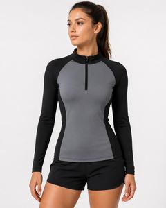<b>Women's</b> Full Sleeve Top Trending Color Blocked Quarter Zipper Rash Guard Top Quick Dry Spandex Polyester <b>Swim</b> <b>Shirt</b> Black Gray - Product Image 1