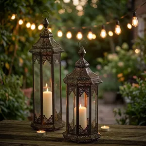Ensemble de 2 lanternes à bougies en fer de style marocain, porte-bougie décoratif en métal, découpes complexes, fait main, imperméable, pour la maison, Noël - Product Image 3
