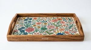 Plateau de service artisanal en bois d'acacia avec incrustation émaillée de qualité supérieure, rectangulaire, décoratif, pour la maison et l'accueil - Product Image 2