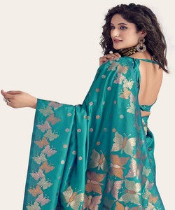 Teal Silk Saree With Butterfly Print Traditional Indian Wedding Wear For Women <b>Floor</b>-Length Regular Fit - Product Image 4