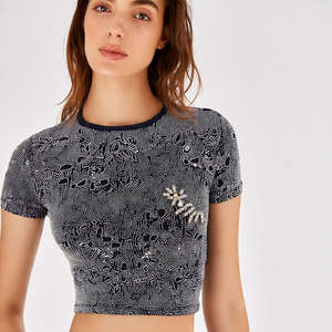 Camiseta Corta Ajustada de Algodón para Mujer, Estilo Casual, Manga Corta, Elástica, para Uso Diario de Verano, con Pedrería, a la Moda - Product Image 3