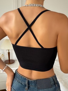 Women Mesh Panel High Neck Sports Bra Halter <b>Cross</b> Back Ribbed Workout Crop <b>Top</b> Breathable High Elasticity Activewear Bralette - Product Image 3