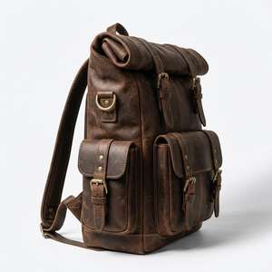 Genuine Leather <b>Roll</b> Top <b>Backpack</b> Waterproof Mens Laptop Bag Large Capacity Vintage Travel Rucksack Daypack 110 LRTB-0101 - Product Image 4