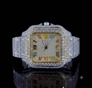 นาฬิกาข้อมือผู้ชาย VVS Iced Out ทรงสี่เหลี่ยมประดับเพชร ตัวเรือนสแตนเลส ขนาด 38 มม. ระบบควอตซ์อนาล็อก สายแบบพับได้ กระจกแซฟไฟร์ - Product Image 1
