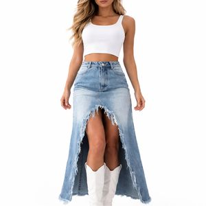 Jupe longue en jean taille haute pour femme, style vintage, avec fente avant, jupe longue en jean ouverte sur le devant, jupes imprimées personnalisées pour femme - Product Image 2