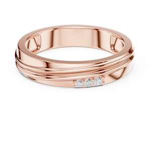 Bague de mariage pour homme en or rose avec diamant de laboratoire, 3 diamants ronds, design rainuré, style moderne poli - Product Image 1