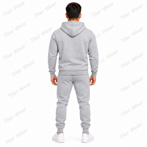 Ensemble de survêtement gris 100 % coton pour homme, respirant, avec pantalon de jogging et sweat à capuche en molleton, design personnalisé - Product Image 3