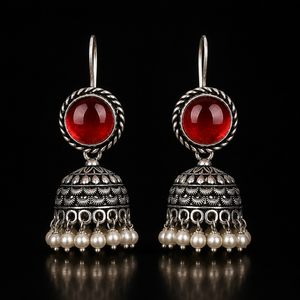 Pendientes Jhumka de Perlas y Piedras Rojas de Bollywood al por Mayor, Pendientes Étnicos Indios de Plata Oxidada Vintage para Mujer, Directo de Fábrica - Product Image 6
