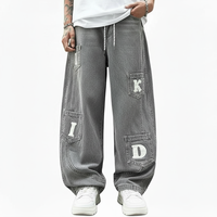 Pantalon en jean décontracté pour homme, style urbain, écologique, coupe ample, imprimé lettres, jambe droite, délavage moyen, été automne hiver printemps