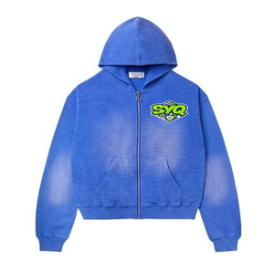 High Quality Vintage Winter Oversized Boxy Pocket Rhinestone Zip Hoodie <b>Spray</b> Washed Man Tracksuit Shorts Set 100% Cotton Fleece - Product Image 3