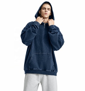 Sweat à capuche surdimensionné personnalisé en molleton 100% coton, effet délavé vintage, style streetwear, avec poche aspect denim - Product Image 4