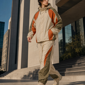 Mens Winter Color Block Reversible Windbreaker Tracksuit <b>Set</b> Lightweight Hooded Jacket <b>Matching</b> <b>Jogger</b> Pants Casual - Product Image 1