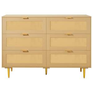 Modern 6-<b>Drawer</b> <b>Rattan</b> Dresser with Metal Handles Legs Natural Wood Chest Clothing Organizer for Bedroom Living Room Hallway - Product Image 1