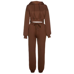 Ensemble haut court à capuche en tricot gris et pantalon de survêtement taille haute pour femme, manches longues bouffantes, coupe décontractée, couleur unie, toutes saisons - Product Image 4