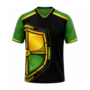 เสื้อฟุตบอลคอวีสำหรับผู้ชาย สีเขียว ดำ เหลือง พิมพ์ลายโล่ แขนสั้น ผ้าโพลีเอสเตอร์ ระบายเหงื่อได้ดี ชุดกีฬา - Product Image 1