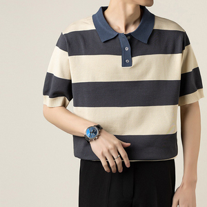 เสื้อเชิ้ตผู้ชายผ้าโพลีเอสเตอร์ระบายอากาศดี ลายทาง ถักทอ แขนสั้น คอปกติดกระดุม สไตล์ลำลอง สำหรับฤดูร้อน - Product Image 5