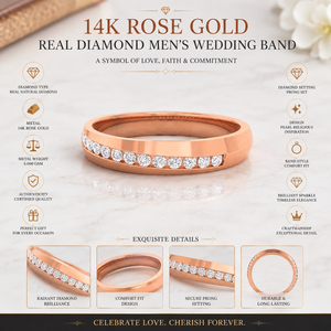 Luxury 14K Rose Gold Real Diamond Men's Wedding Band | Prong Set Pearl Religious Design | Anniversary Engagement Statement <b>Ring</b> - Product Image 5