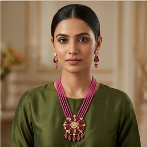 DIVYORO BOLD <b>RUBY</b> FLORAL STATEMENT <b>NECKLACE</b> WITH MULTI-STRAND BEADS - Product Image 4