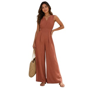 Elegante Mono de Mujer, Cintura Alta, Sin Mangas, Cuello en V, Color Sólido, Largo, Transpirable, Ropa Casual de Primavera/Verano - Product Image 1