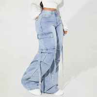 Pantalon cargo en jean taille haute pour femme, coupe ample, longueur intégrale, délavage moyen, couleur unie, style décontracté, 100 % coton, idéal pour l'automne
