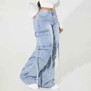 Women's High Waist Cargo <b>Denim</b> Pants Loose Fit Full Length Medium Wash Solid Color Casual Style 100% Cotton Autumn Wear - Product Image 6