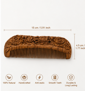 Hand Carved Wooden Hair Comb Floral Rose Design Natural Anti-Static Detangling Eco-Friendly Durable Curved <b>Beard</b> Hair Comb - Product Image 2