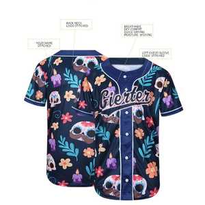 Fierter Baseball Jersey Short Sleeve Full Print Floral Sugar <b>Skull</b> Design Button Front Unisex Adult Breathable Polyester Apparel - Product Image 3