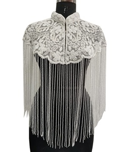 Elegant Vintage Floral Beaded Mandarin Collar Embroidery <b>Top</b> for Women <b>Party</b> Wedding Club with Classic Fringe White Poncho - Product Image 1