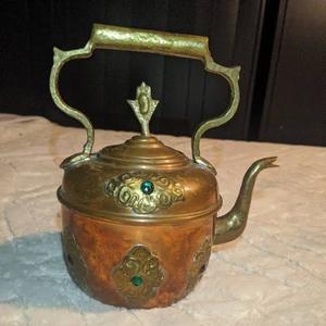 Vintage Brass Tea Kettle With <b>Lid</b> Metal Handle Ornate Design Turquoise Inlays Water <b>Pot</b> Kettles - Product Image 1