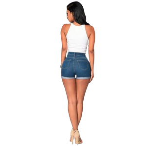 Shorts de mezclilla de cintura alta para mujer, color sólido, con bolsillos, estilo casual, tela transpirable, shorts cortos azules - Product Image 1