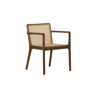 Modern Brown Leno Teak <b>Dining</b> <b>Chair</b> with Rattan Caned Armchair Solid Wood Seat Back for Kitchen & <b>Dining</b> Room - Product Image 4