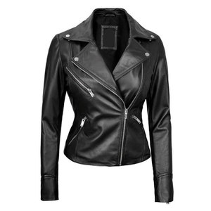 Chaqueta de Motocicleta para Mujer, de Piel de Cordero Negra, Transpirable, Manga Larga, Cierre de Cremallera, Cuello Camisero, Forro de Algodón - Product Image 2