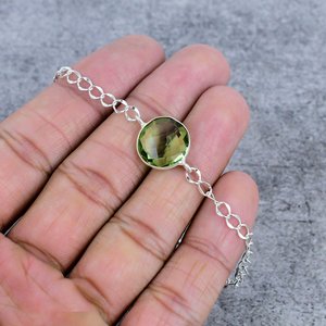 Peridot Gemstone Round Shape 925 Sterling <b>Silver</b> Plated Bezel <b>Bracelet</b> For Party And Everyday Wear 7-8" - Product Image 1