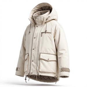 <b>Men's</b> Beige Hooded Puffer <b>Jacket</b> Thick Polyester Winter Casual Windproof Stand Collar Regular Fit Loose Style - Product Image 4