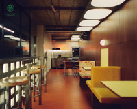 Design d'intérieur de restaurant de style industriel, cuisine ouverte personnalisée, bar, cloison en verre, comptoir de bar