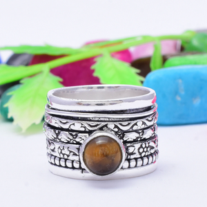 Tiger Eye <b>Spinner</b> <b>Ring</b> Handmade Fidget Tiger Eye Gemstone Sterling <b>Silver</b> <b>Ring</b> Anxiety Relief Jewelry Boho Gift - Product Image 1