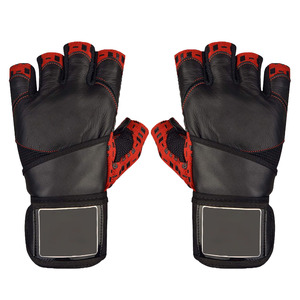 Half <b>Finger</b> Leather Fitness Gloves Black Red Adjustable Wrist <b>Strap</b> Gym Weight Lifting Workout Hand Wear - Product Image 4