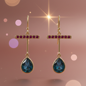 Pendientes de Plata de Ley 925 con Baño de Oro de 18K y Gema de Pera Hidroeloxilada Azul con Circonita Roja, Pendientes de Diseño Hechos a Mano para Mujer - Product Image 4