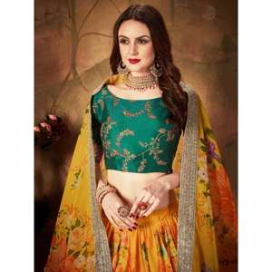 Organza nuptiale Lehenga Choli imprimé numérique floral jaune-vert - Product Image 5