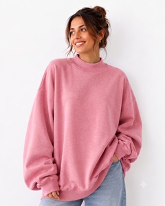 Women's Casual Cotton <b>Top</b> Plain Dyed Oversized Blank <b>Mock</b> <b>Neck</b> Long Sleeves Knitted Pullover Sweatshirt For Winter/Autumn Wear - Product Image 1