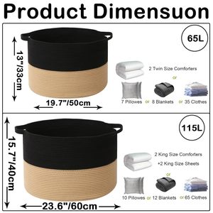 Cesta de Almacenamiento Grande de 65L de Cuerda de Algodón Tejida con Asas, Cesto para Ropa Sucia, Cesta para Mantas y Juguetes - Product Image 4