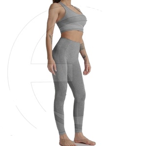 Women's Gray Seamless Yoga Set High Waist Full Length Leggings <b>Crop</b> <b>Top</b> Racerback Scoop Neck Breathable Mesh Sports Wear - Product Image 1